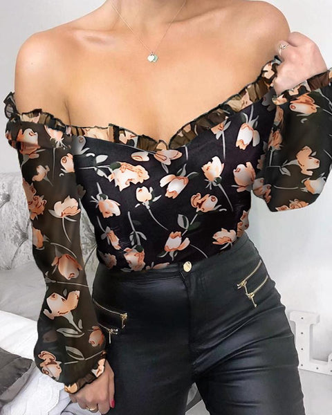 Off Shoulder Frill Design Floral Print Blouse