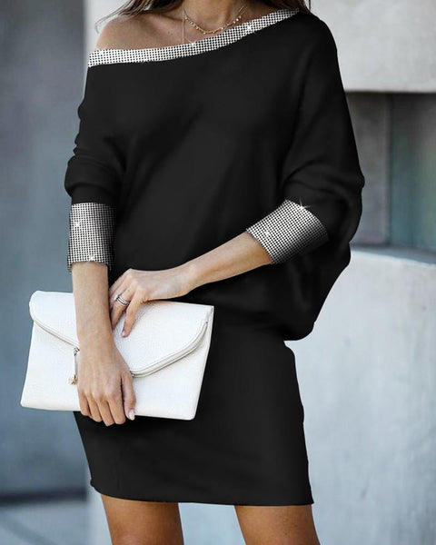 Asymmetric Neck Glitter Studded Dress