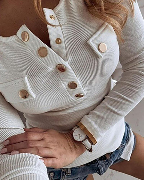 Buttoned Ribbed Long Sleeve Blouse