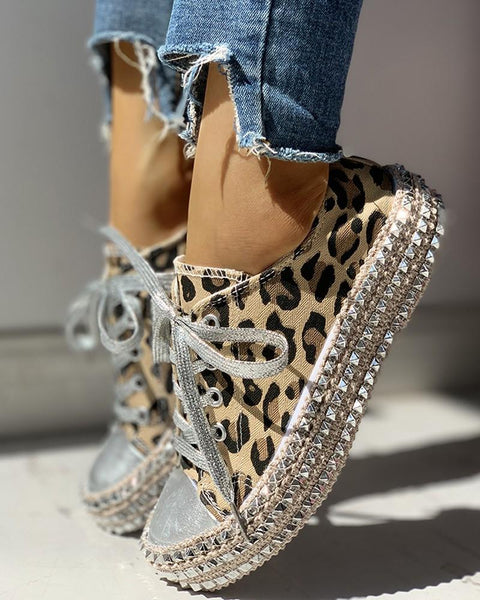Leopard Rivet Embellished Lace-Up Sneakers