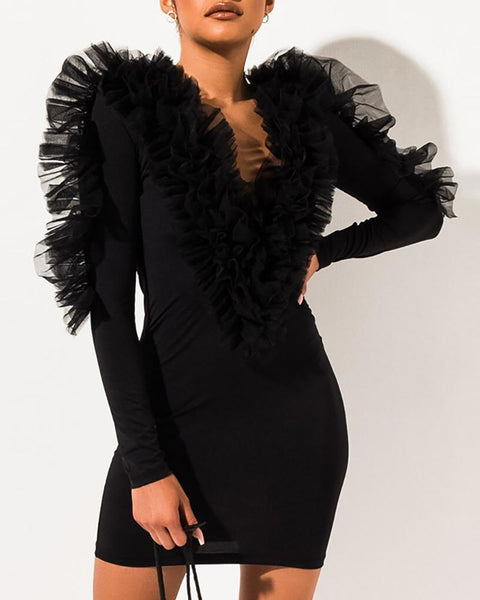 Plunge Frill Mesh Insert Bodycon Dress