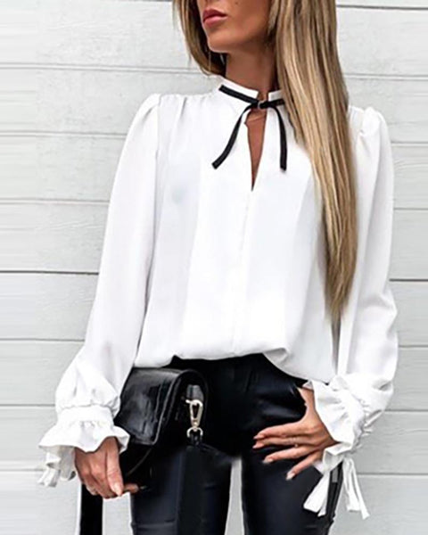 Solid Ruffles Cuff Tied Neck Shirt