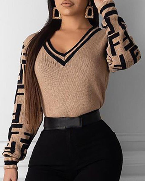 Colorblock V-Neck Striped Knitting Sweater