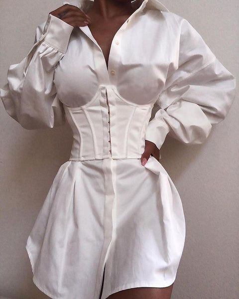 Solid Long Sleeve Tight Waist Buttoned Shirt Dress