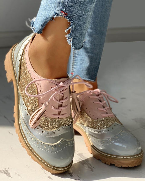 Lace-Up Sequins Insert Chunky Heeled Shoes