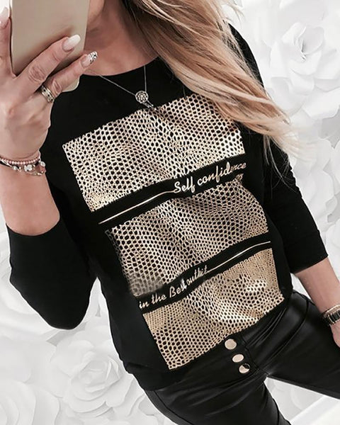 Long Sleeve Letter Patch Casual Blouse