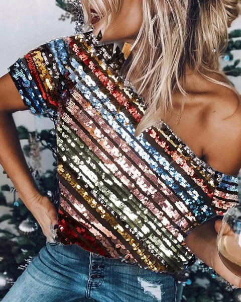 Glitter Skew Neck Striped Sequins Blouse