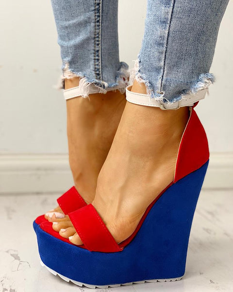 Colorblock Ankle Buckled Platform Wedge Sandals