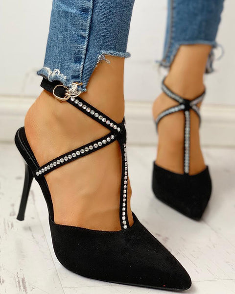 Pointed Toe Hot Stamping Ankle Buckled Heeled Sandals