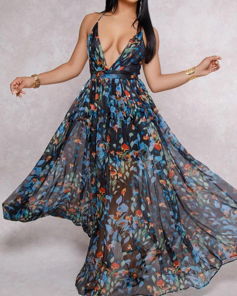 Floral Print Pleated Backless Slip Maxi Dress