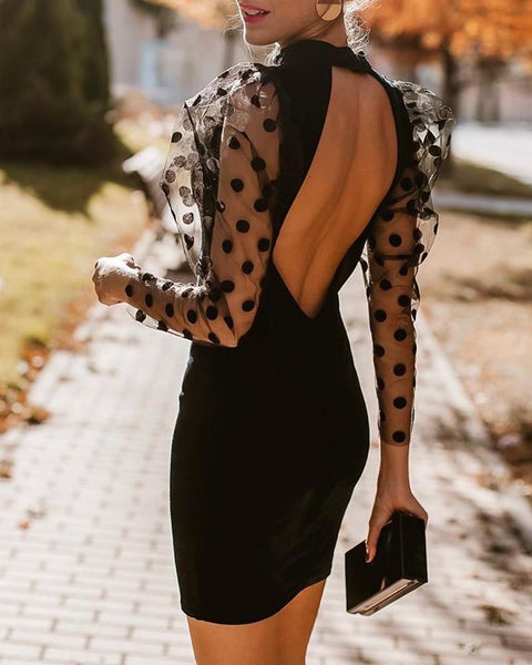 Dot Mesh Puffed Sleeve Open Back Dress