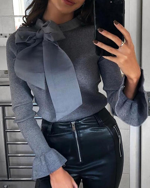 Ribbed Bowknot Detail Bell Cuff Sweater