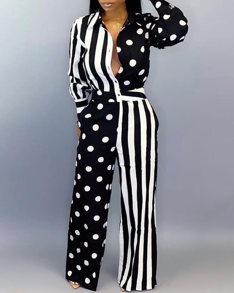 Striped Polka Dot Print Buttoned Wide Leg Jumpsuit