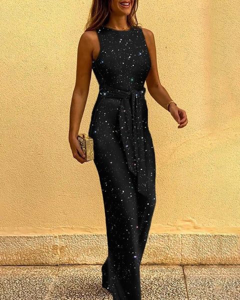 Glitter Round Neck Sleeveless Wide Leg Jumpsuit