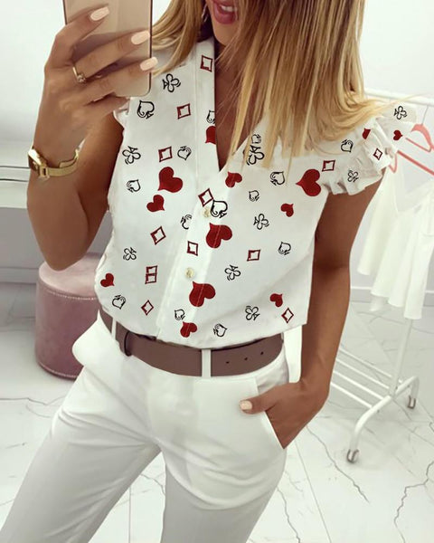Heart Print Flutter Sleeve Casual Blouse