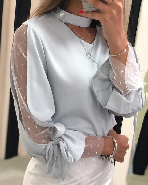 Dot Mesh Sleeve Tied Detail Casual Blouse
