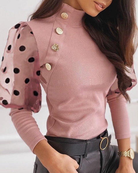 Mesh Dot Puffed Sleeve Buttoned Blouse