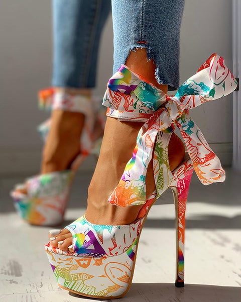 Colorful Print Tied Detail Platform Heeled Sandals